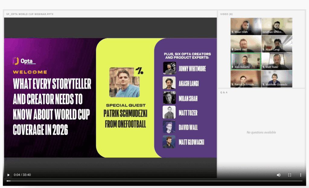 Image of the webinar with seven presenters including Patrik from OneFootball and six Opta product experts.